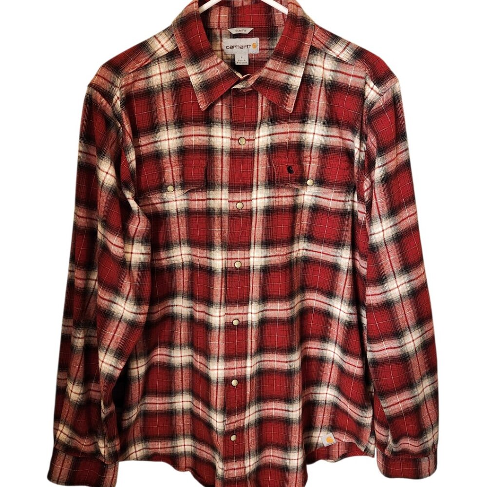 Carhartt Flannel Shirt Mens Size Large Slim Fit Red White Black Plaid Pearl Snap